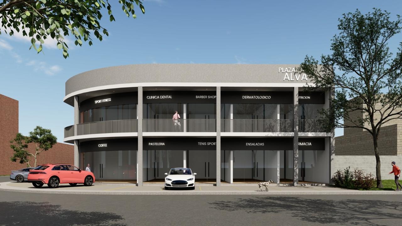 Render fachada Plaza Alva, vista de frente con locales rotulados
